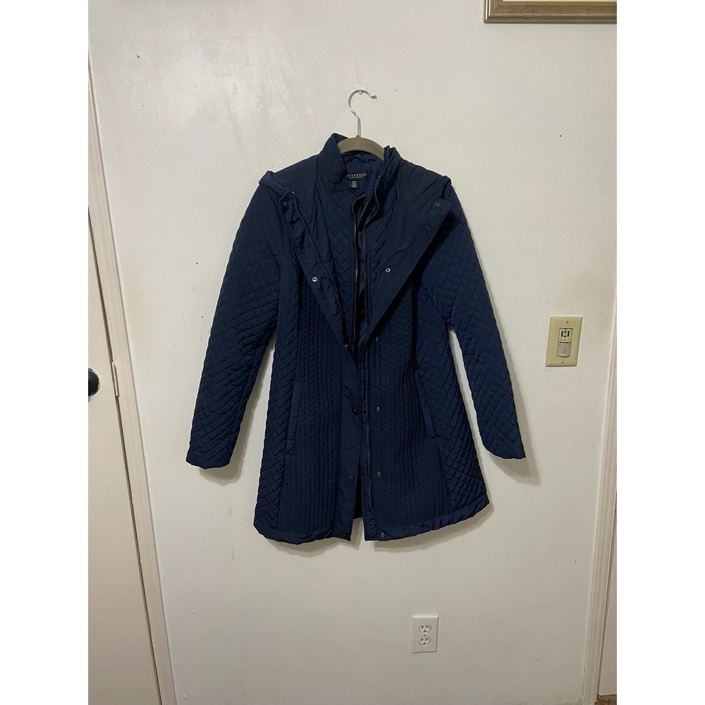 Liverpool Jeans Company Quilted Hooded Navy Blue Midi Coat Women's Size S P